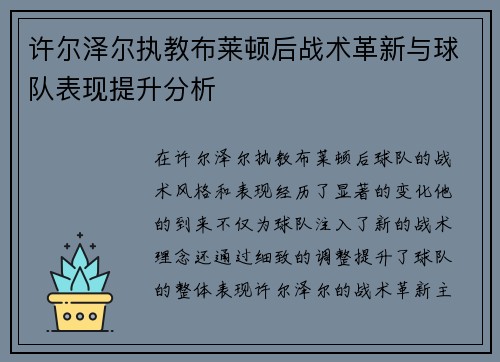 许尔泽尔执教布莱顿后战术革新与球队表现提升分析 许尔泽尔执教布莱顿后战术革新与球队表现提升分析